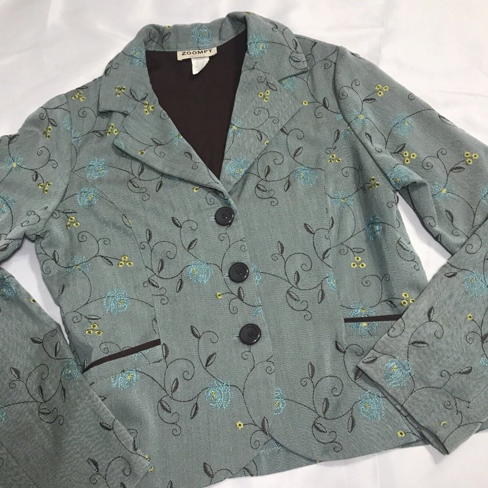 Zoompy Blazer Large Women's Yellow Blue Floral Button Front Corduroy Jacket